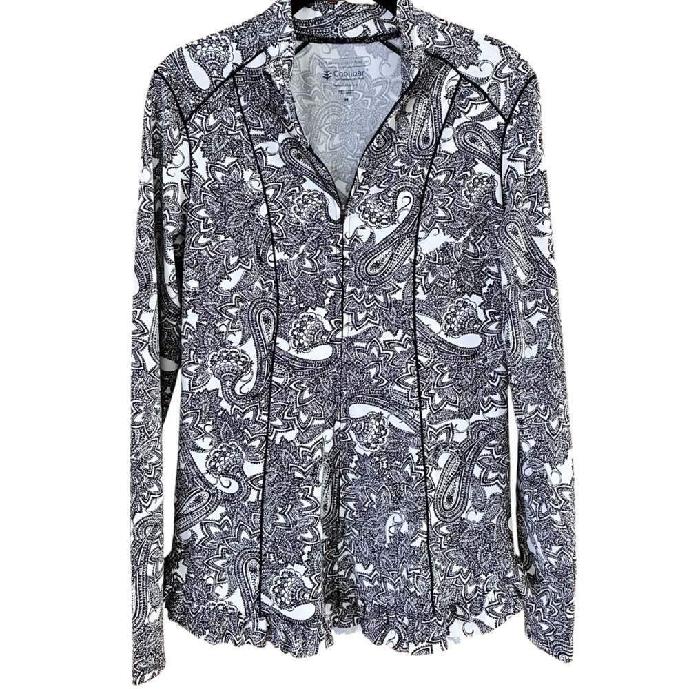 Coolibar SPF 50 Black & White Paisley Zip-Up Blouse with Ruffled Edges Size M